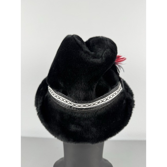 Vintage 60s Black Faux Fur Fedora Hat Small Feather Tyrolean Trapper German Cap - Picture 4 of 7